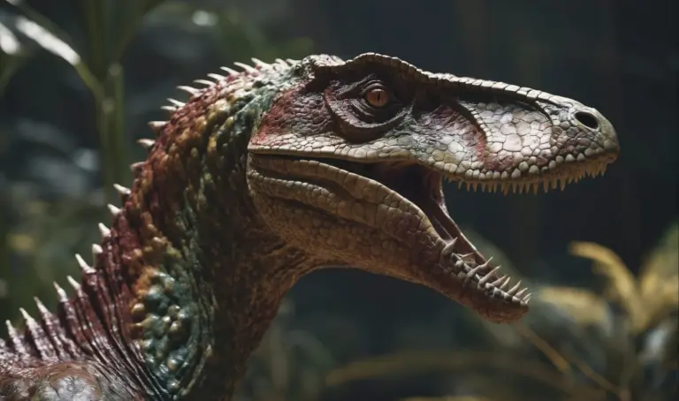 Nahaufnahme des Kopfes eines Velociraptors mit weit aufgerissenem Maul und scharfen Zähnen