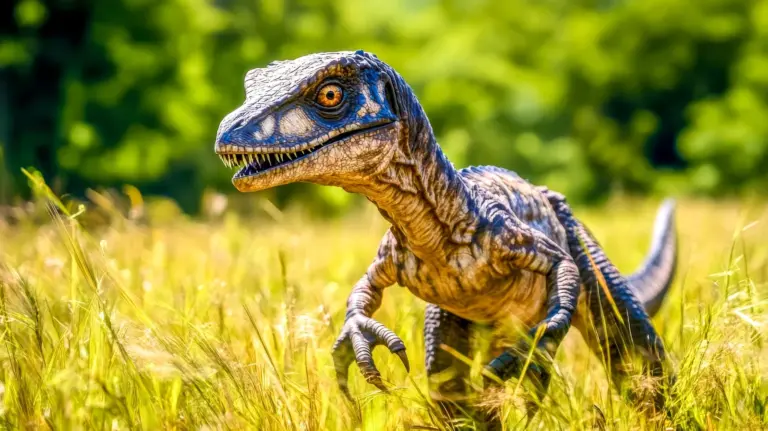 Velociraptor Dinosaurier kauert im hohen Gras bereit zum Angriff