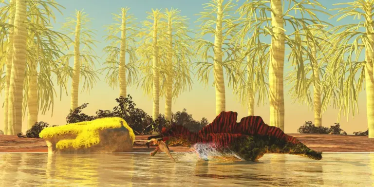 Der Onchopristis-Hai wird zur Beute des Ichthyovenator, einem marinen Spinosaurus-Raubtier.